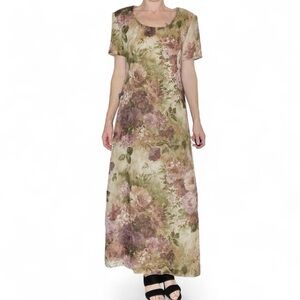 Vintage 90’s S.L. Fashions Brown Purple Floral Coquette Shirt Maxi Dress